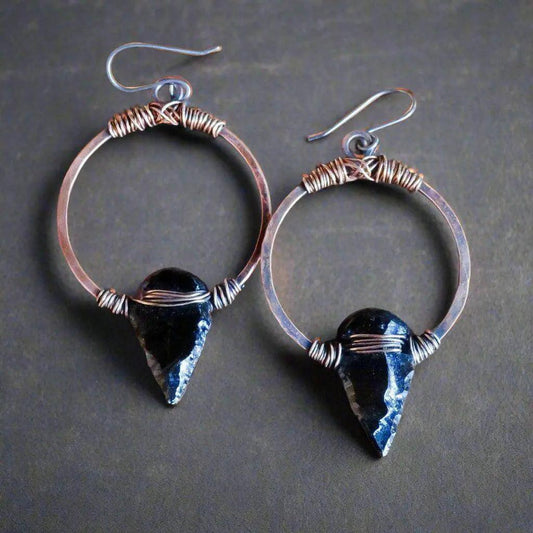 Obsidian Arrowhead Hoop Earrings - Studio Athene Noctua