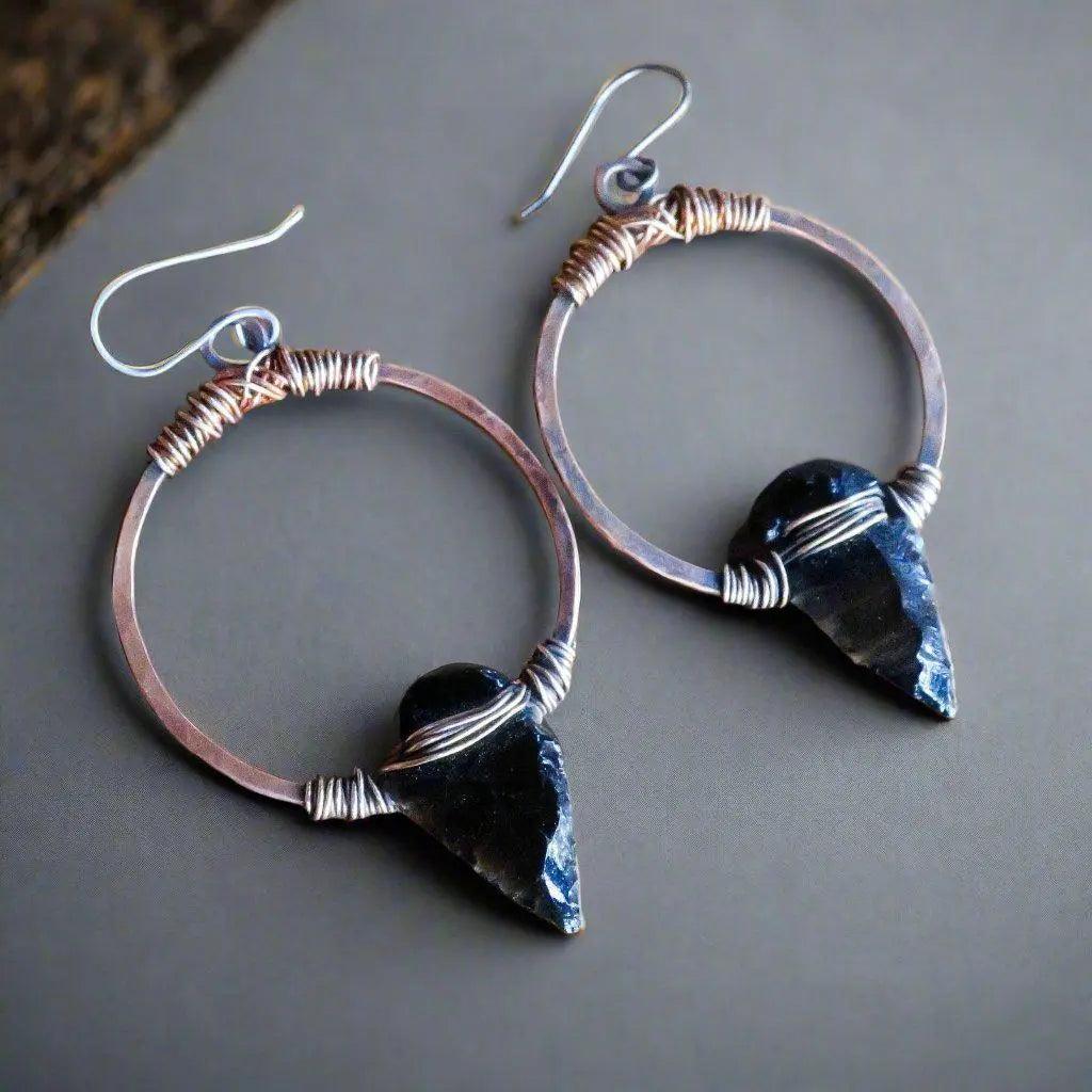 Obsidian Arrowhead Hoop Earrings - Studio Athene Noctua