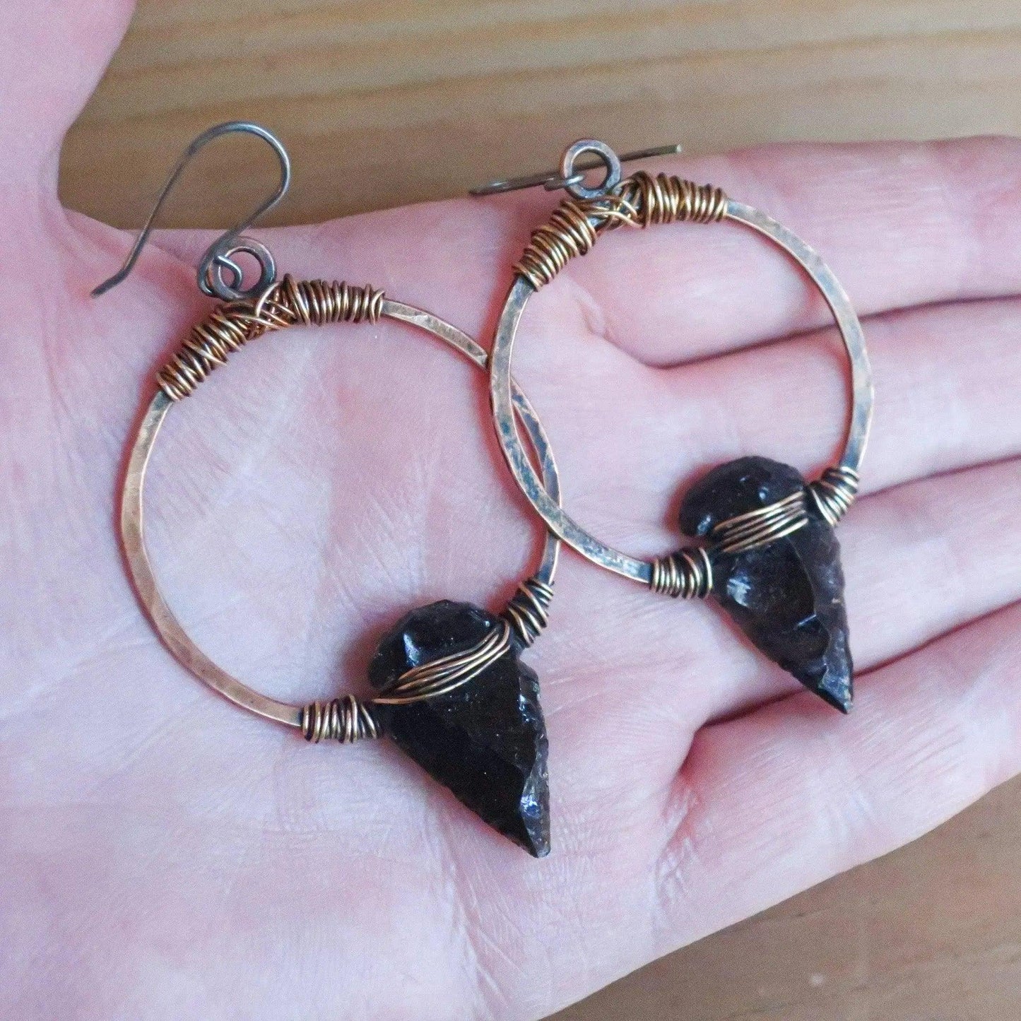 Obsidian Arrowhead Hoop Earrings - Studio Athene Noctua