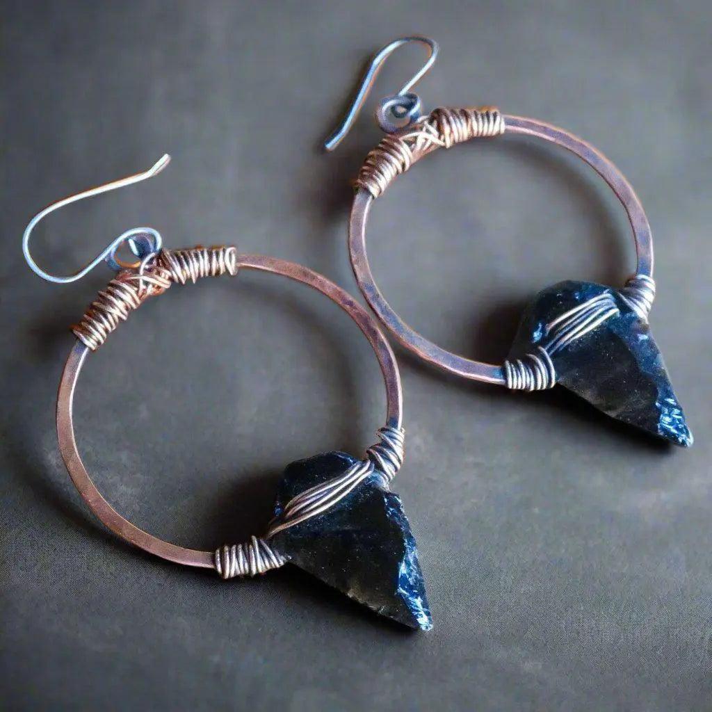 Obsidian Arrowhead Hoop Earrings - Studio Athene Noctua