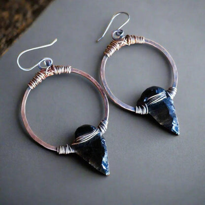 Obsidian Arrowhead Hoop Earrings - Studio Athene Noctua