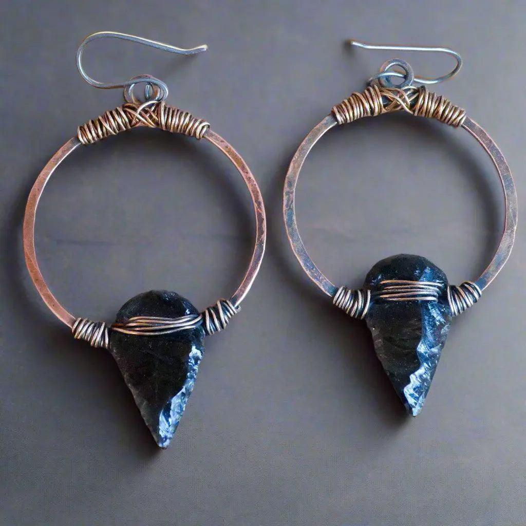 Obsidian Arrowhead Hoop Earrings - Studio Athene Noctua