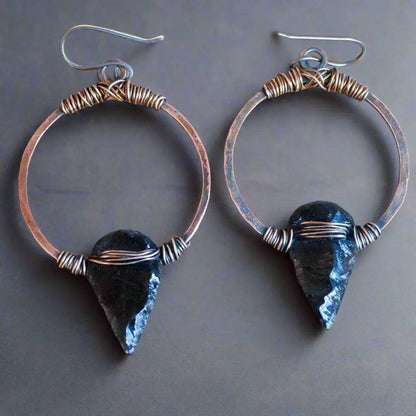 Obsidian Arrowhead Hoop Earrings - Studio Athene Noctua